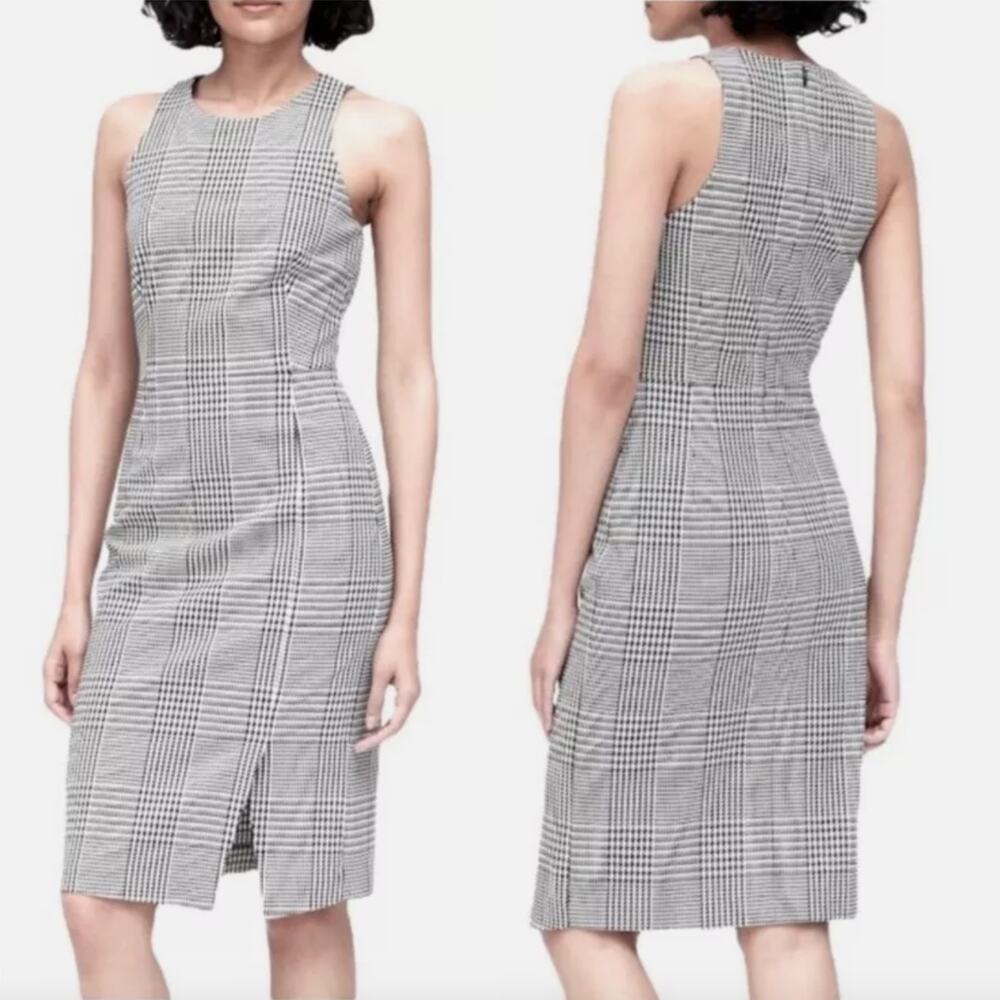 Banana Republic Black White Plaid Houndstooth Bi-Stretch Sheath Dress Size 14